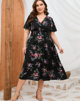 Plus Size Dress Summer Short Sleeve Flying Sleeve Staggery Waist High Waist Front Split Dress