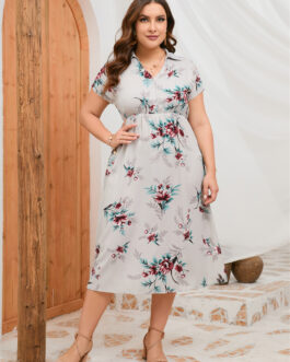 Plus Size Summer Dress Collar Short Sleeve Side Split Mid length Shirt Dress