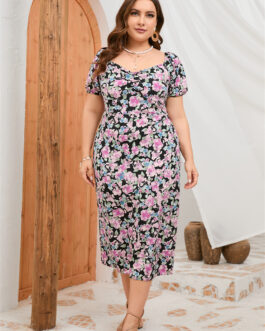 Plus Size Women Summer Puff Sleeve Slim Fit High Waist Hip Dress Rear Split Dress
