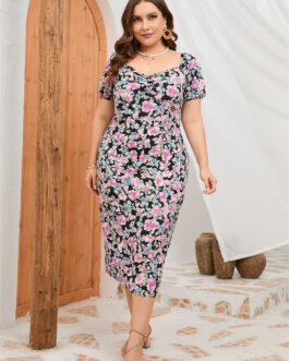 Plus Size Women Summer Puff Sleeve Slim Fit High Waist Hip Dress Rear Split Dress