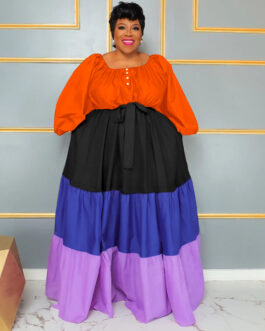 Plus Size Spring Summer Trend Color Block Crew Neck Long Sleeve Pleated Women Clothes Loose Dress