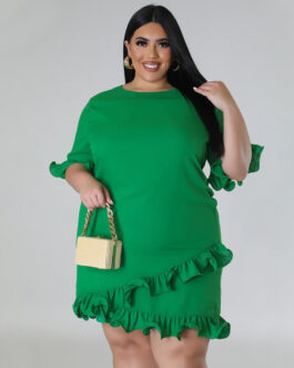 Plus Size Women Clothes Slim round Neck Solid Color Ruffles Casual Dress
