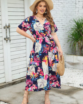 Summer Short Sleeve V Neck Fragmented Flower Dress Super Slim Fit Long Dress Large Women Dress