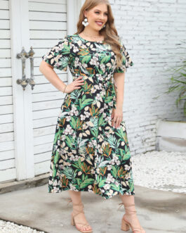 New Summer Round Neck Short Sleeve Colorful Dress Elastic Waist Long Dress Large Women Wear