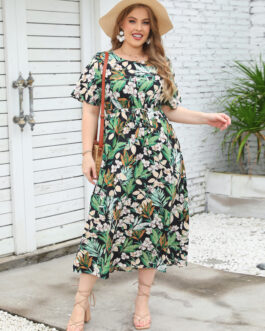 New Summer Round Neck Short Sleeve Colorful Dress Elastic Waist Long Dress Large Women Wear