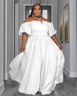 Plus Size Summer Autumn Collection Solid Color Sexy Strapless Halterneck Women Stylish Loose Short Sleeve Dress