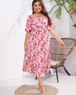 Large Women New Summer Short Sleeve Square Neck Super Slim Fit Dress Medium Length Dress Large Women