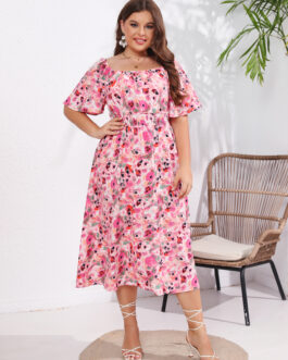 Large Women New Summer Short Sleeve Square Neck Super Slim Fit Dress Medium Length Dress Large Women