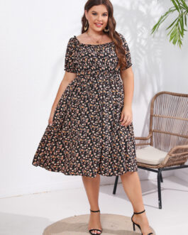 Large Women Dress Summer New Square Neck Bubble Sleeve Ruffled Short Sleeve Sweet Dress
