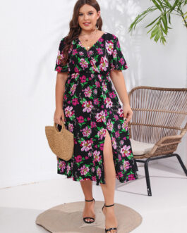 Plus Size Women Dress Summer New Floral Mid length Front Split Flying Sleeve Dress