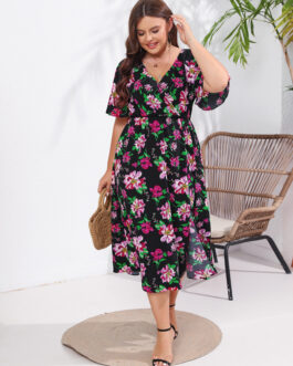 Plus Size Women Dress Summer New Floral Mid length Front Split Flying Sleeve Dress