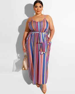 Plus Size Women Striped Loose Strap Dress with Belt Summer