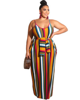 Plus Size Women Striped Loose Strap Dress with Belt Summer