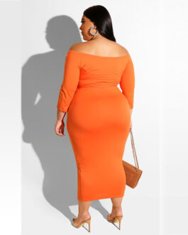Plus Size Women Clothing Summer New Solid Color off-the-Neck Dress