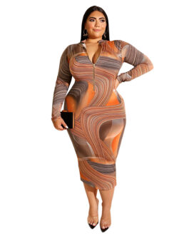 Plus Size Printed Skinny Sheath Zipper Front Back Wearable  Dress