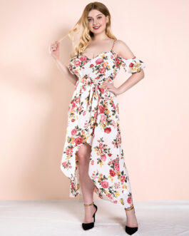 Plus Size Women Early Autumn Sling Irregular Asymmetric Dress Printed Bohemian Slim Dress