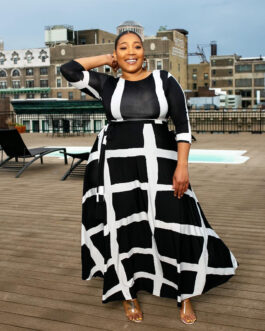 Plus Size Popular  Striped Positioning Printing Half Length Sleeve Dress