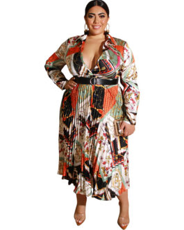 Plus Size Maxi Dress Autumn Winter Printing Pleated Satin Deep V Plunge Plunge Sexy Dress with Belt Women Clothes