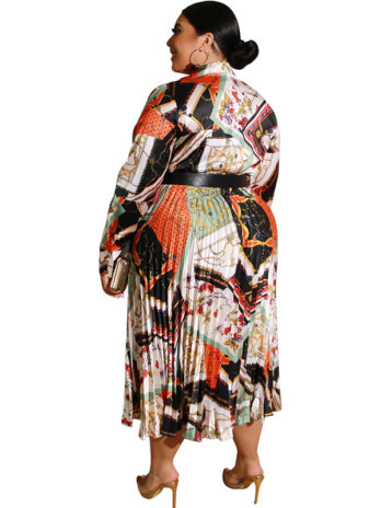 Plus Size Maxi Dress Autumn Winter Printing Pleated Satin Deep V Plunge Plunge Sexy Dress with Belt Women Clothes