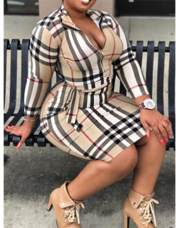 Plus Size Autumn  Women Clothes Slim Fit Tight Waist Hip Plaid  Dress
