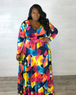 Plus Size Popular  Classic Color Matching Printed Waist Controlled Sexy V Neck Large Swing Dress Belted
