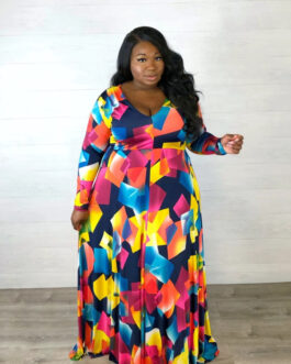 Plus Size Popular  Classic Color Matching Printed Waist Controlled Sexy V Neck Large Swing Dress Belted