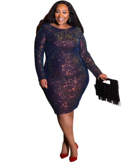 Plus Size Tight Long Sleeve Colored Beads Nightclub Dress Women Dress
