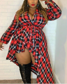 Plus Size Women Clothes Sexy Lacing Irregular Asymmetric Hem Large Long Plaid Shirtdress