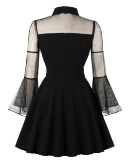 Plus Size Women Long Sleeve Stitching  Mesh Dress