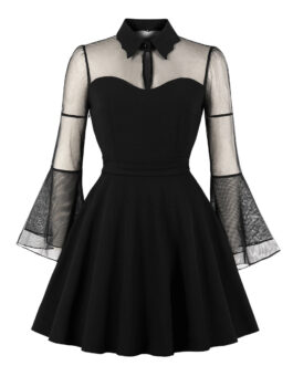 Plus Size Women Long Sleeve Stitching  Mesh Dress