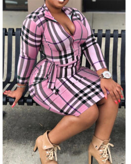 Plus Size Autumn  Women Clothes Slim Fit Tight Waist Hip Plaid  Dress