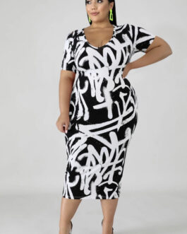 Plus Size Spring Summer Short Sleeve Slim Print Office Lady Sheath Dress  Dress