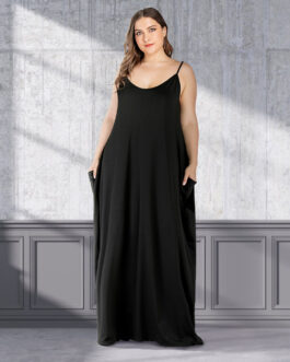 Plus Size Summer  Women Clothing Solid Color Loose Double Pocket Strap Maxi Dress