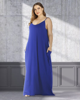 Plus Size Summer  Women Clothing Solid Color Loose Double Pocket Strap Maxi Dress