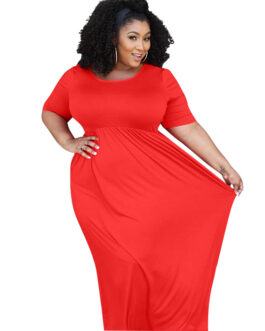 Plus Size Solid Color Pleating Large Swing Short Sleeve Long Pattern Dress