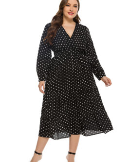 Plus Size Autumn Winter Stylish Loose  Women V-neck Long Sleeve Polka Dot Dress