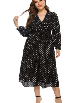 Plus Size Autumn Winter Stylish Loose  Women V-neck Long Sleeve Polka Dot Dress