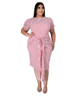 Plus Size Sexy Women Wear round Neck Striped Short Sleeve Lace-up Women Casual Dress