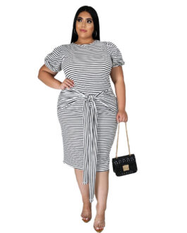Plus Size Sexy Women Wear round Neck Striped Short Sleeve Lace-up Women Casual Dress