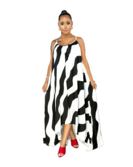 Plus Size Women Clothing Striped Printed Mop Irregular Asymmetric Hem Loose Women Cami Dress