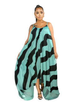 Plus Size Women Clothing Striped Printed Mop Irregular Asymmetric Hem Loose Women Cami Dress