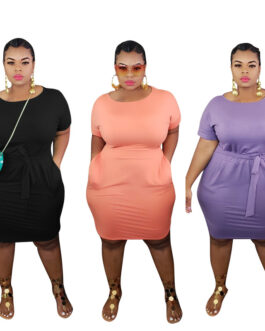 Plus Size Solid Color Slim Fit Tight Hip  Women Dress with Belt