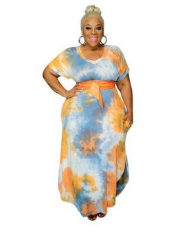 Plus Size Tie-Dye Printed Side Pocket V-neck Loose  Women Dress