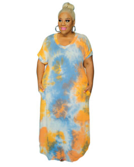 Plus Size Tie-Dye Printed Side Pocket V-neck Loose  Women Dress