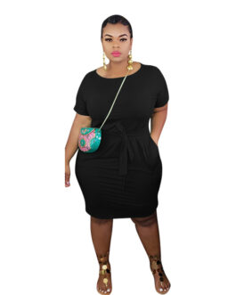 Plus Size Solid Color Slim Fit Tight Hip  Women Dress with Belt