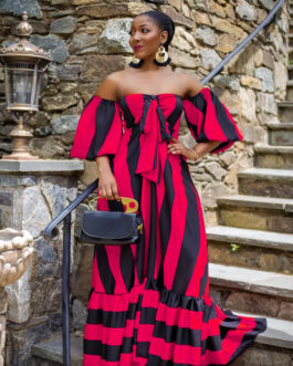Plus Size Striped Loose  Long Large Hem Mopping Chest Wrapped Dress with Pocket