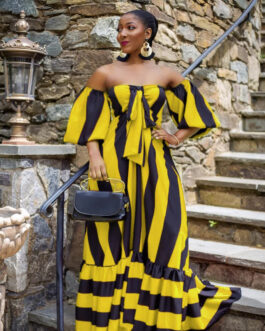 Plus Size Striped Loose  Long Large Hem Mopping Chest Wrapped Dress with Pocket