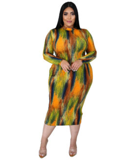 Plus Size Plus Size Sexy Women Wear Turtleneck Long Sleeve Slim Tie-Dye Printed Midi Dress for Women