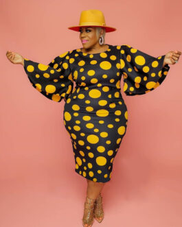 Plus Size Spring Summer Bell Sleeve Sleeve Polka Dot Print  Women Clothes Sheath Dress