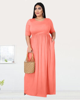 Plus Size Solid Color Pleating Large Swing Short Sleeve Long Pattern Dress